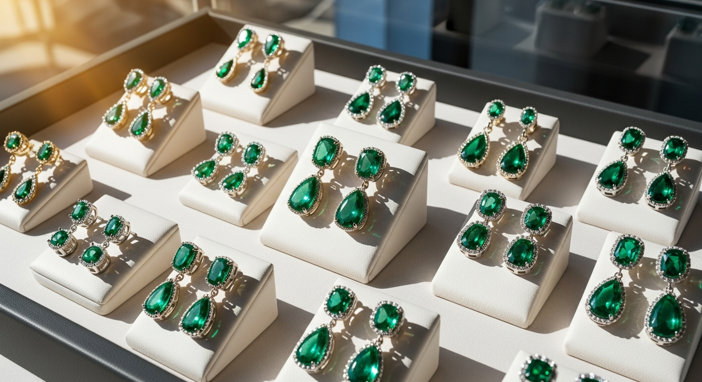 boucles d'oreilles émeraude élégantes sur présentoir bijouterie